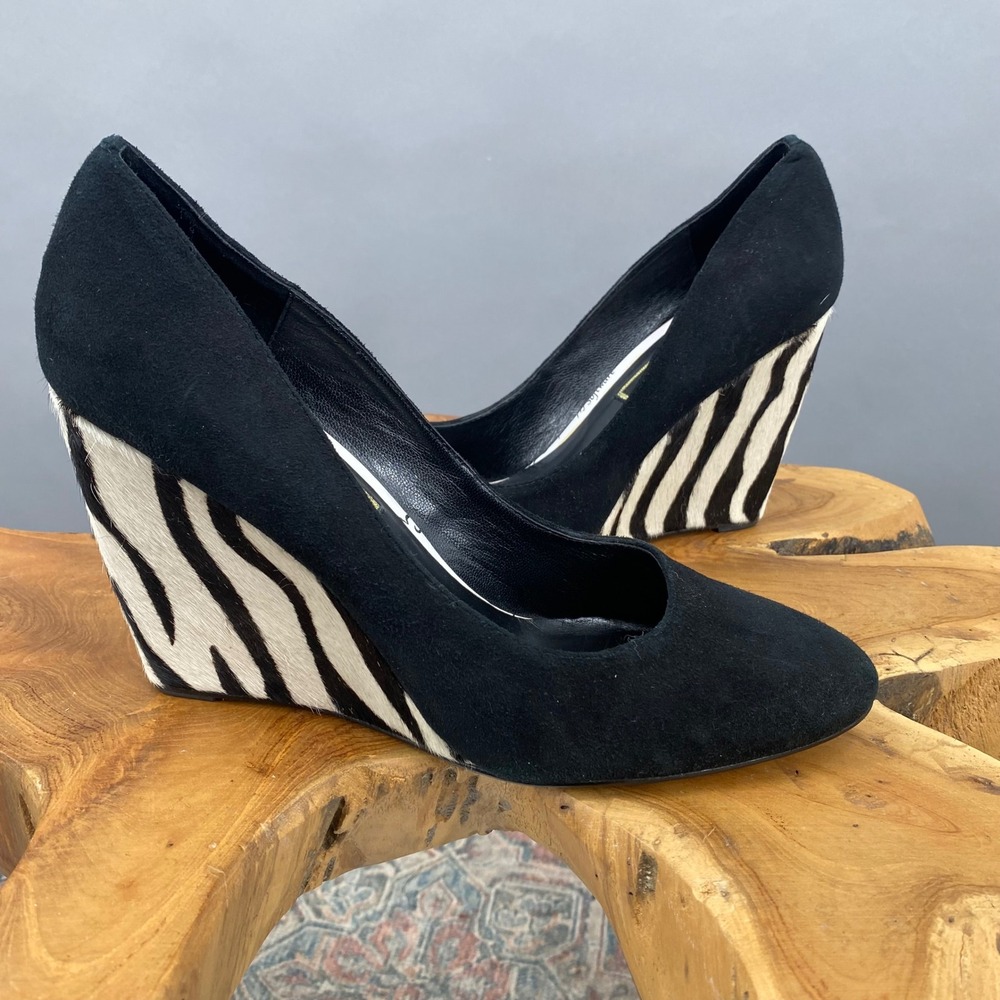 Beverly Feldman‎ Black Suede Zebra Wedge Heels Shoes Women Size 10 Calf Hair